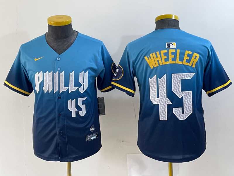 Youth Philadelphia Phillies #45 Zack Wheeler Blue 2024 City Player Number Cool Base Stitched Jersey->mlb youth jerseys->MLB Jersey
